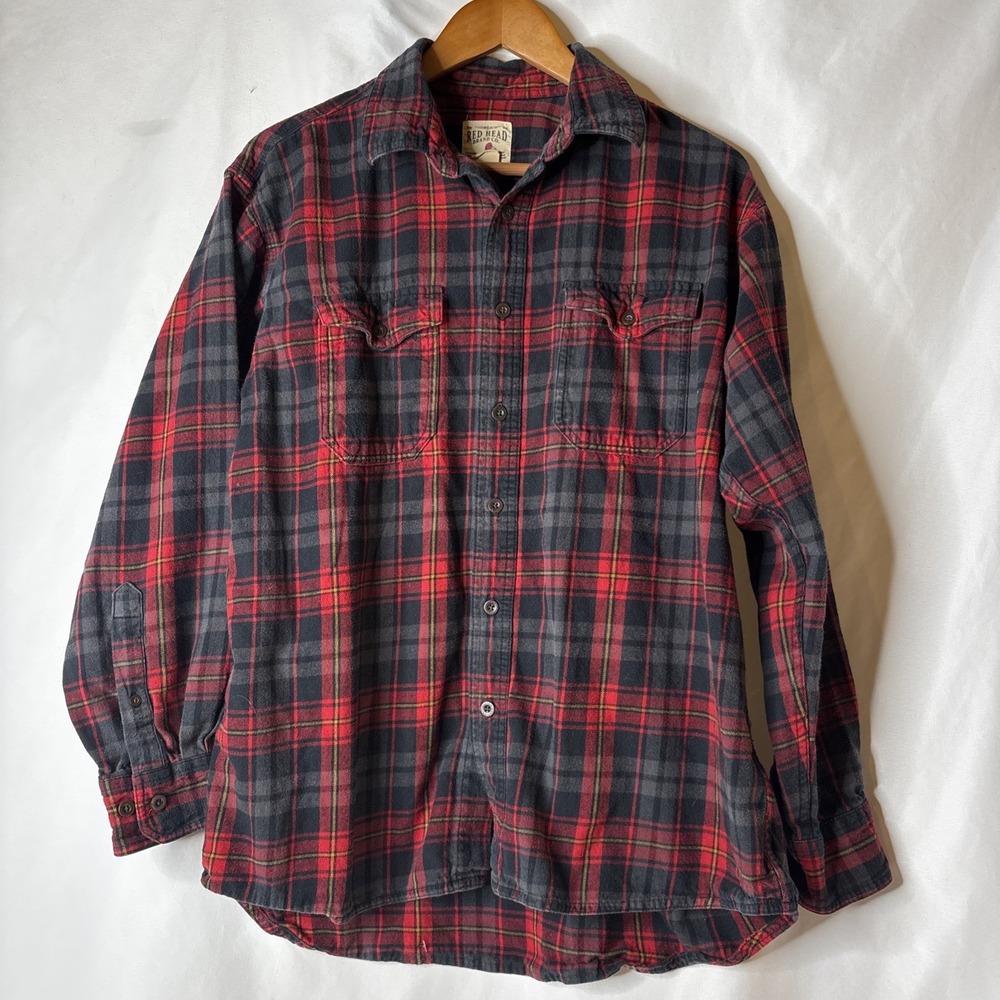Vtg Red Head Brand Co. Mens L Red Gray Plaid Long Sleeve Button Up Flannel Shirt